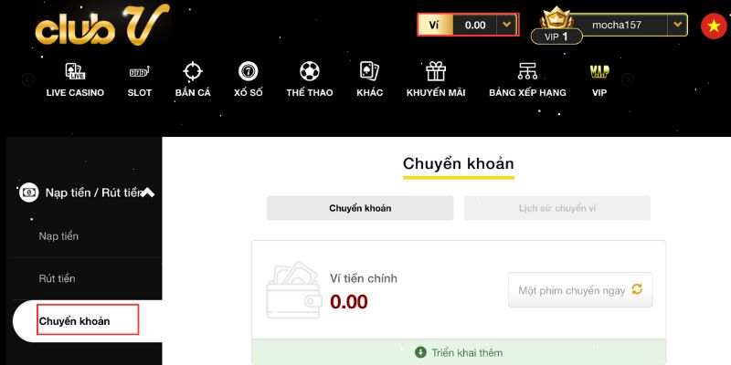 rút tiền CLUBV Tiến hành chuyển tiền về ví chính